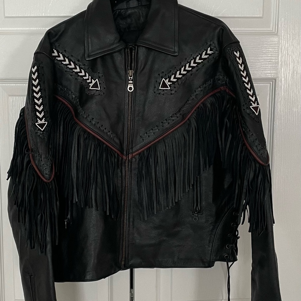 Vintage Route 66 black leather fringe women’s XL biker jacket